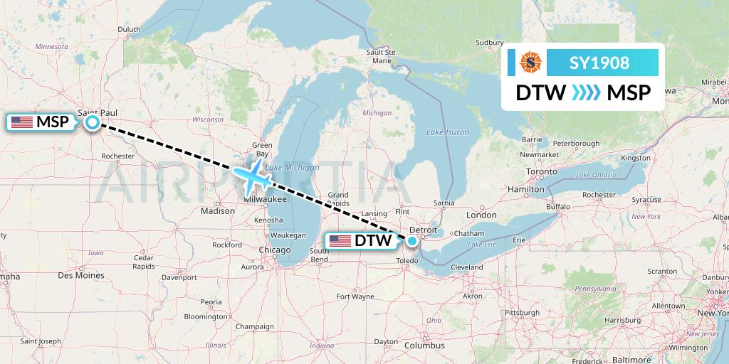SY1908 Sun Country Airlines Flight Map: Detroit to Minneapolis