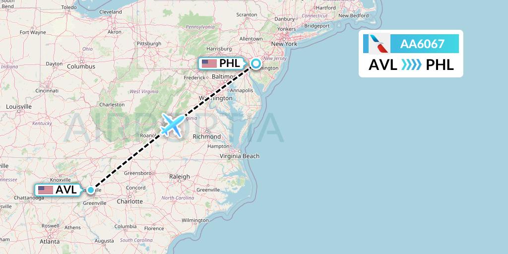 AA6067 American Airlines Flight Map: Asheville to Philadelphia