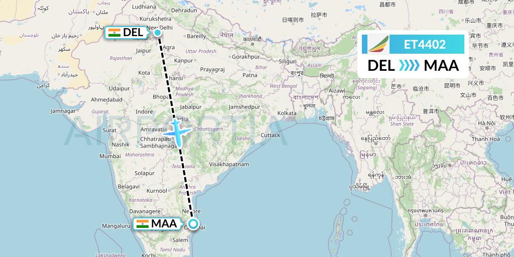 ET4402 Ethiopian Airlines Flight Map: Delhi to Chennai
