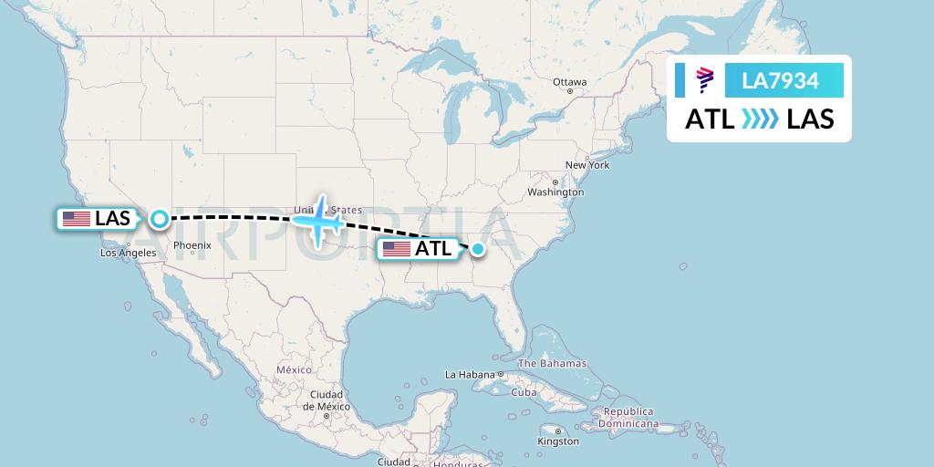 LA7934 LAN Airlines Flight Map: Atlanta to Las Vegas