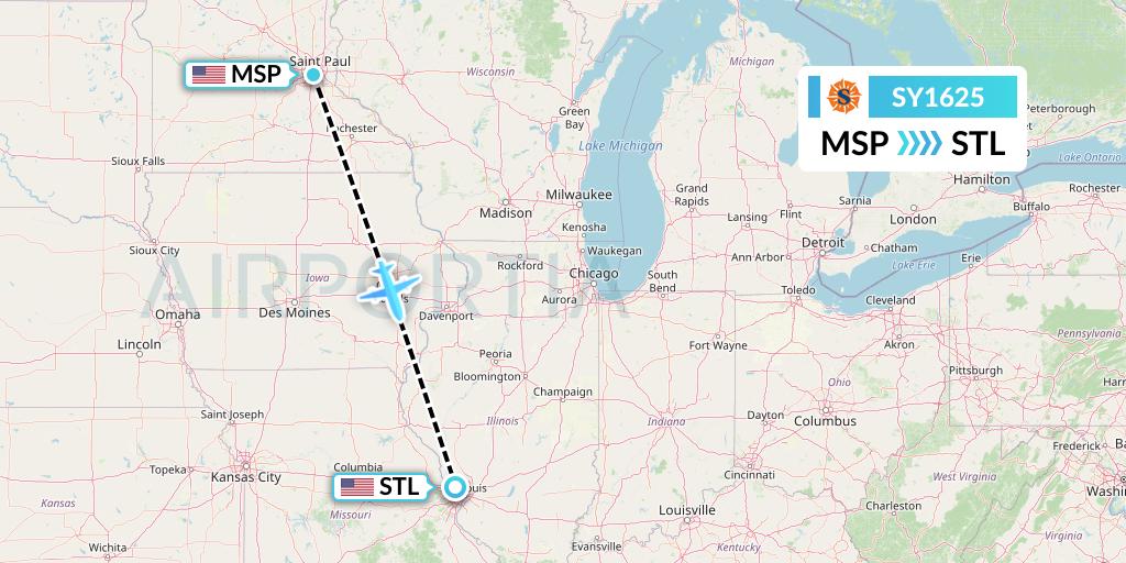 SY1625 Sun Country Airlines Flight Map: Minneapolis to St. Louis