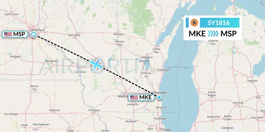 SY1816 Sun Country Airlines Flight Map: Milwaukee to Minneapolis