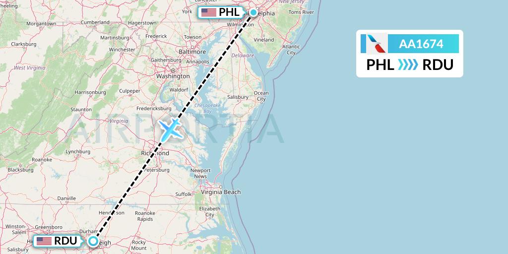 AA1674 American Airlines Flight Map: Philadelphia to Raleigh-Durham