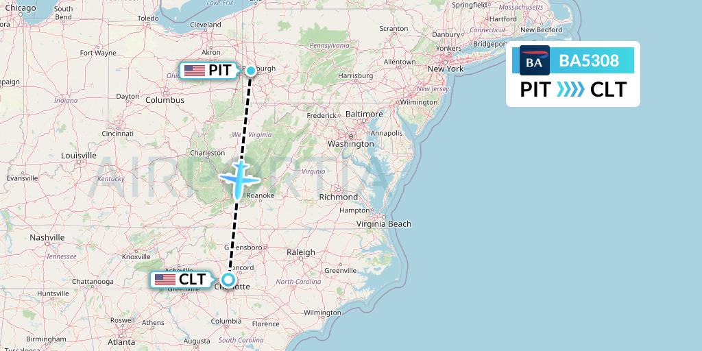 BA5308 British Airways Flight Map: Pittsburgh to Charlotte