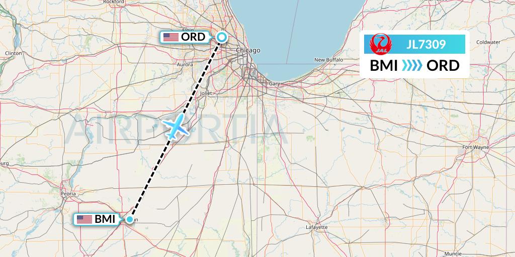 JL7309 Japan Airlines Flight Map: Bloomington to Chicago