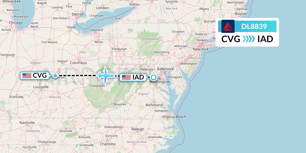 DL8839 Delta Air Lines Flight Map: Cincinnati to Washington