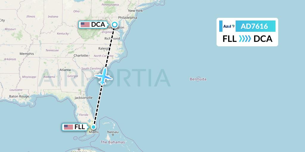 AD7616 Azul Brazilian Airlines Flight Map: Fort Lauderdale to Washington