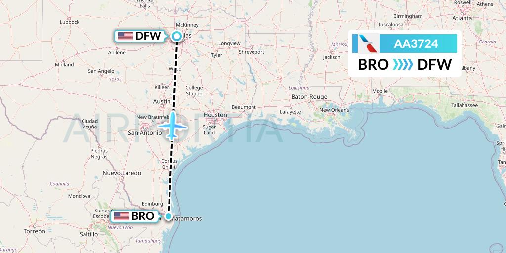 AA3724 American Airlines Flight Map: Brownsville to Dallas