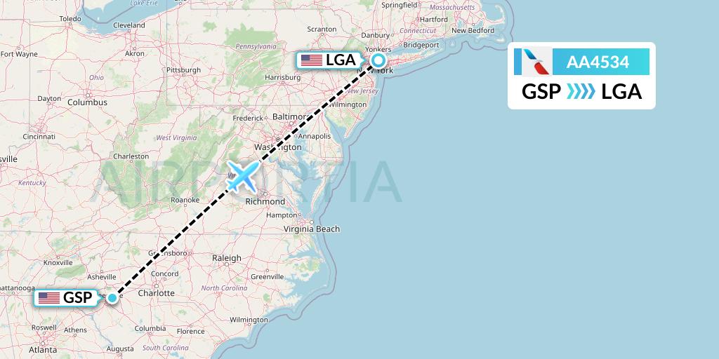 AA4534 American Airlines Flight Map: Greenville-Spartanburg to New York