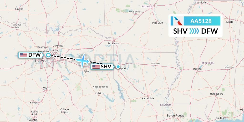 AA5128 American Airlines Flight Map: Shreveport to Dallas