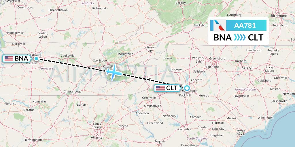 AA781 American Airlines Flight Map: Nashville to Charlotte