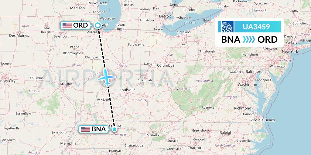 UA3459 United Airlines Flight Map: Nashville to Chicago