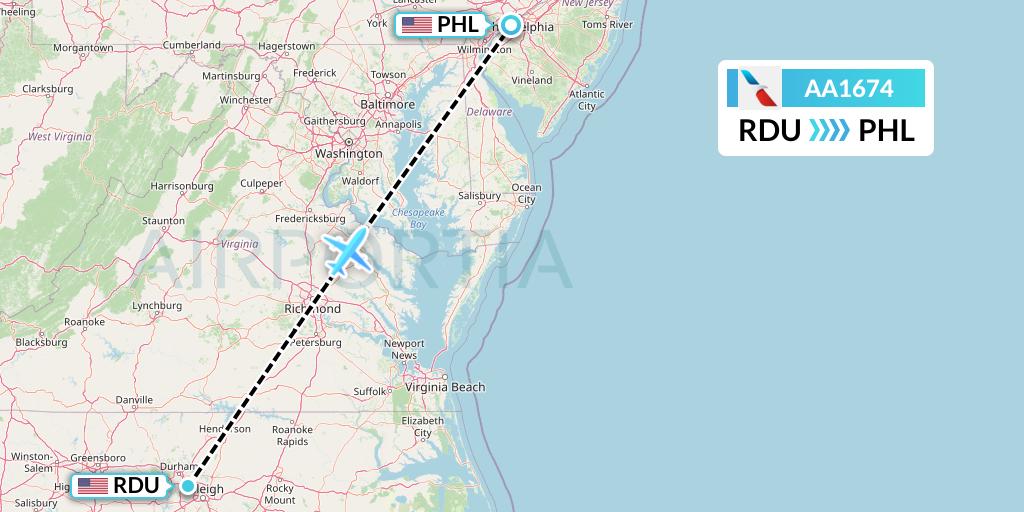 AA1674 American Airlines Flight Map: Raleigh-Durham to Philadelphia
