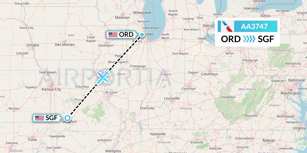 AA3747 American Airlines Flight Map: Chicago to Springfield