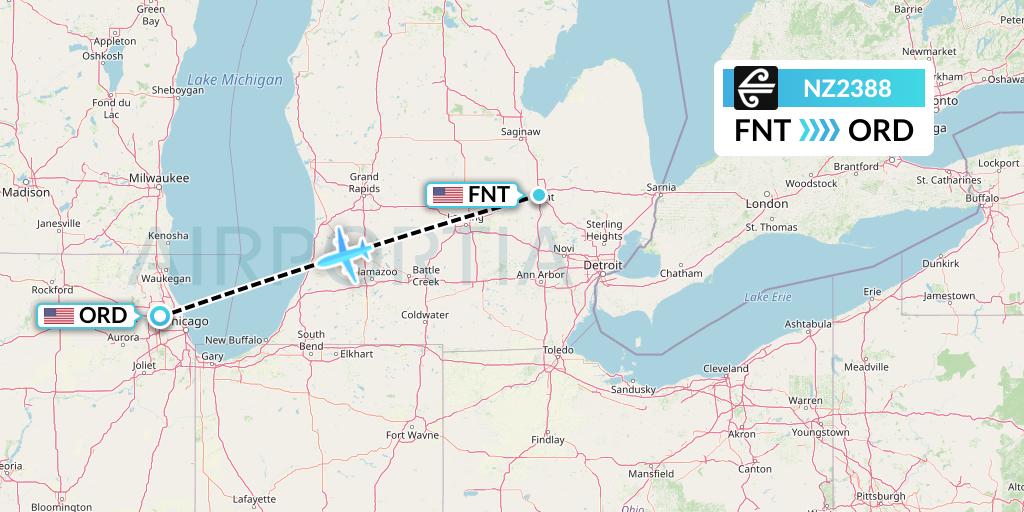 NZ2388 Air New Zealand Flight Map: Flint to Chicago
