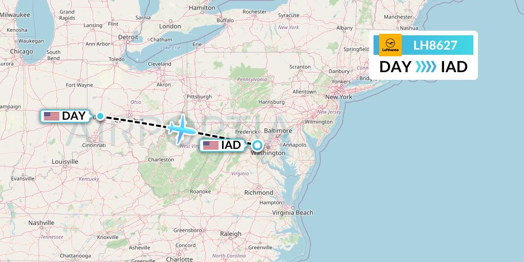 LH8627 Lufthansa Flight Map: Dayton to Washington