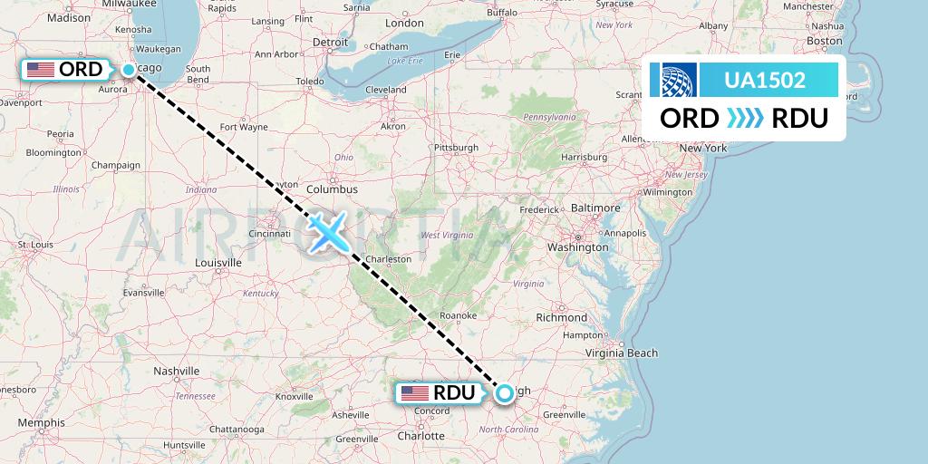 UA1502 United Airlines Flight Map: Chicago to Raleigh-Durham