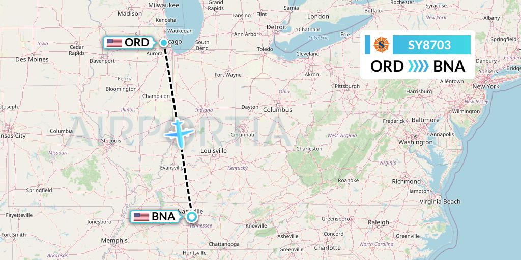 SY8703 Sun Country Airlines Flight Map: Chicago to Nashville