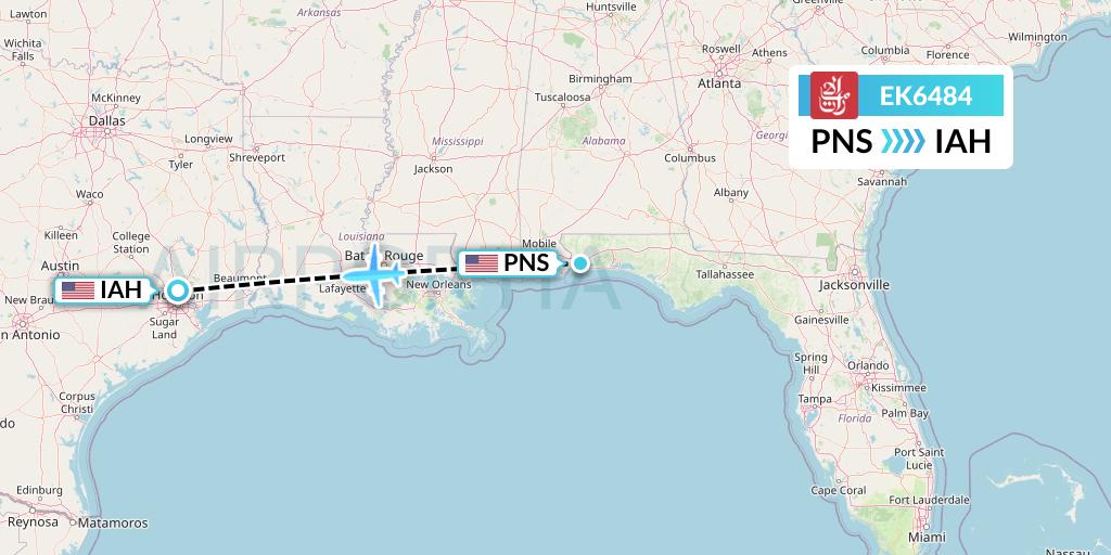 EK6484 Emirates Flight Map: Pensacola to Houston