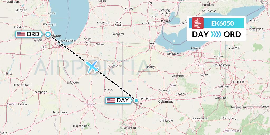 EK6050 Emirates Flight Map: Dayton to Chicago