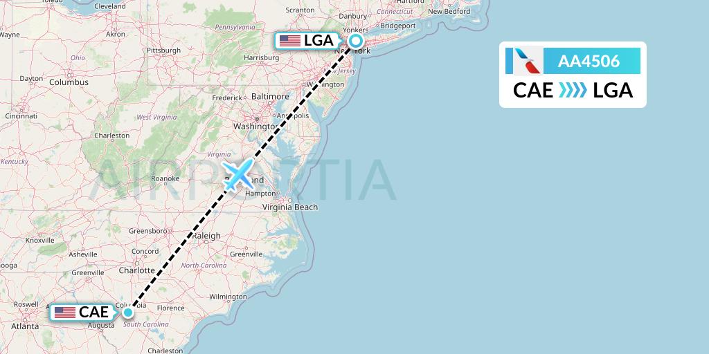 AA4506 American Airlines Flight Map: Columbia to New York