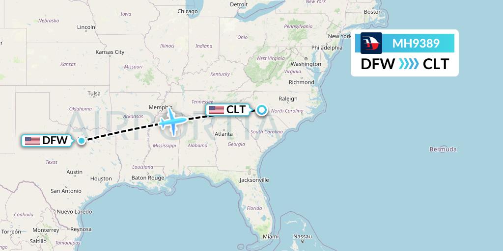 MH9389 Malaysia Airlines Flight Map: Dallas to Charlotte