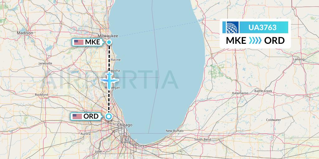 UA3763 United Airlines Flight Map: Milwaukee to Chicago