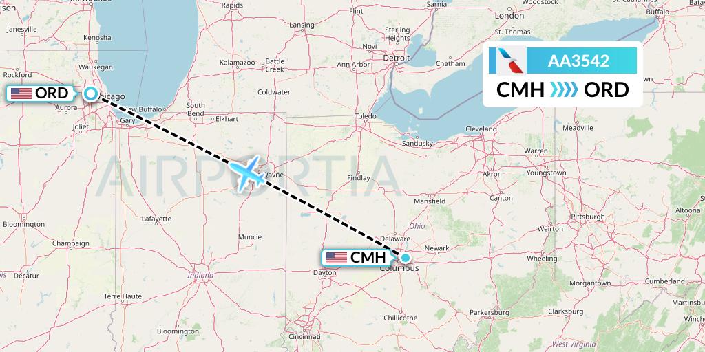 AA3542 American Airlines Flight Map: Columbus to Chicago
