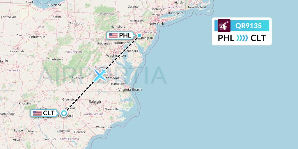 QR9135 Qatar Airways Flight Map: Philadelphia to Charlotte