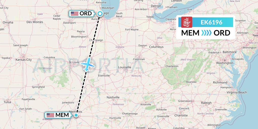 EK6196 Emirates Flight Map: Memphis to Chicago
