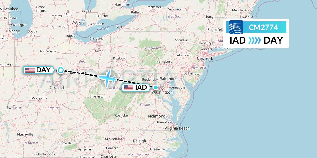 CM2774 Copa Airlines Flight Map: Washington to Dayton
