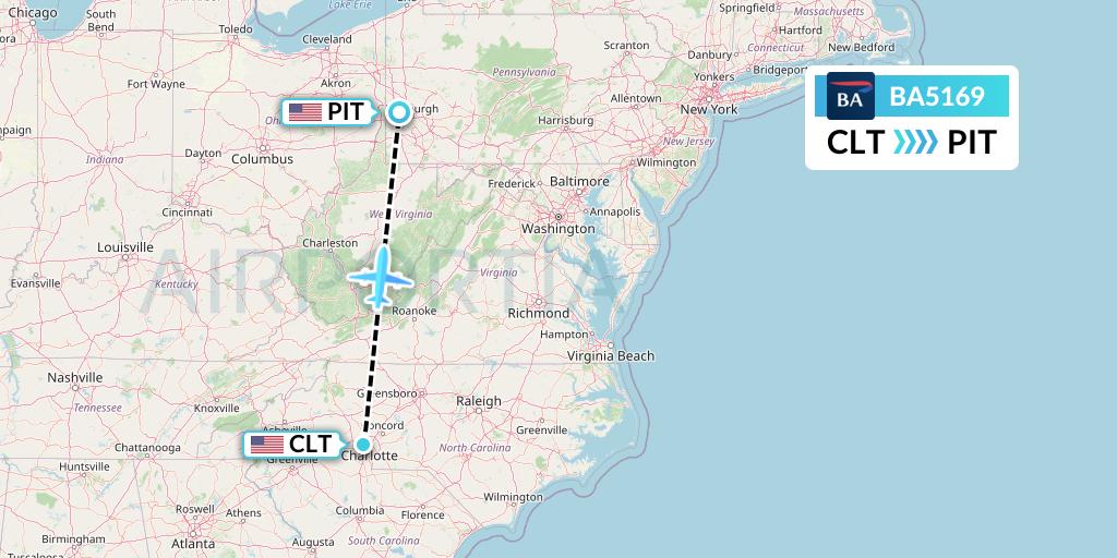 BA5169 British Airways Flight Map: Charlotte to Pittsburgh