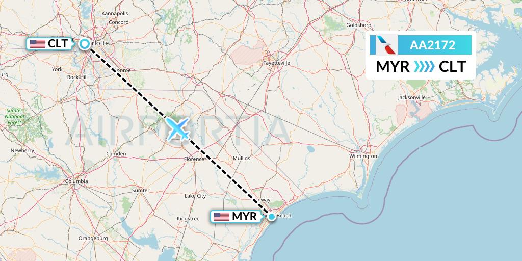 AA2172 American Airlines Flight Map: Myrtle Beach to Charlotte