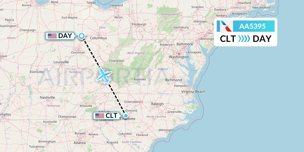 AA5395 American Airlines Flight Map: Charlotte to Dayton