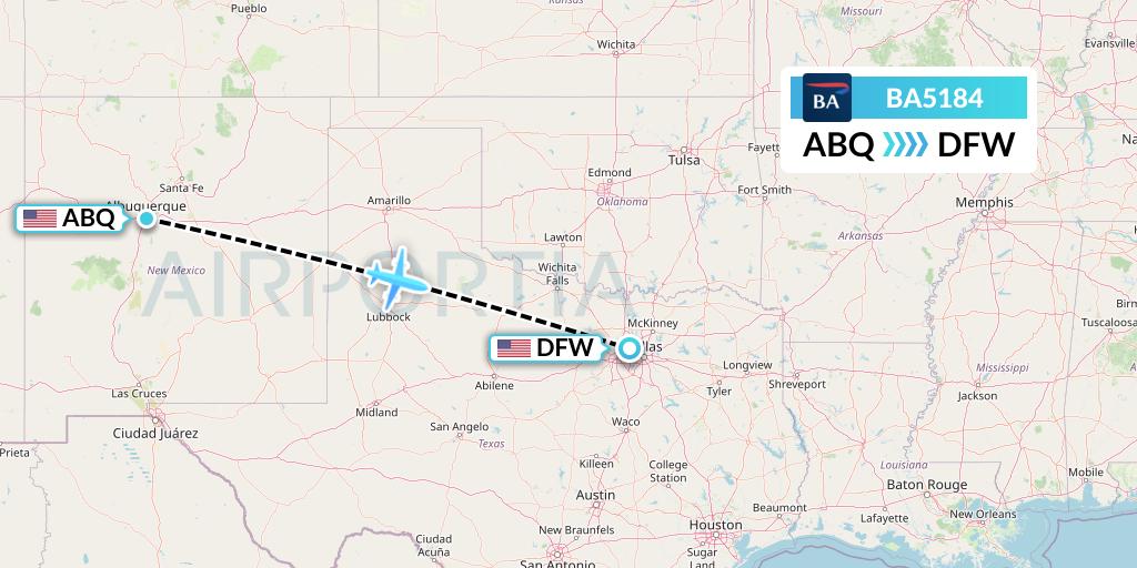 BA5184 British Airways Flight Map: Albuquerque to Dallas