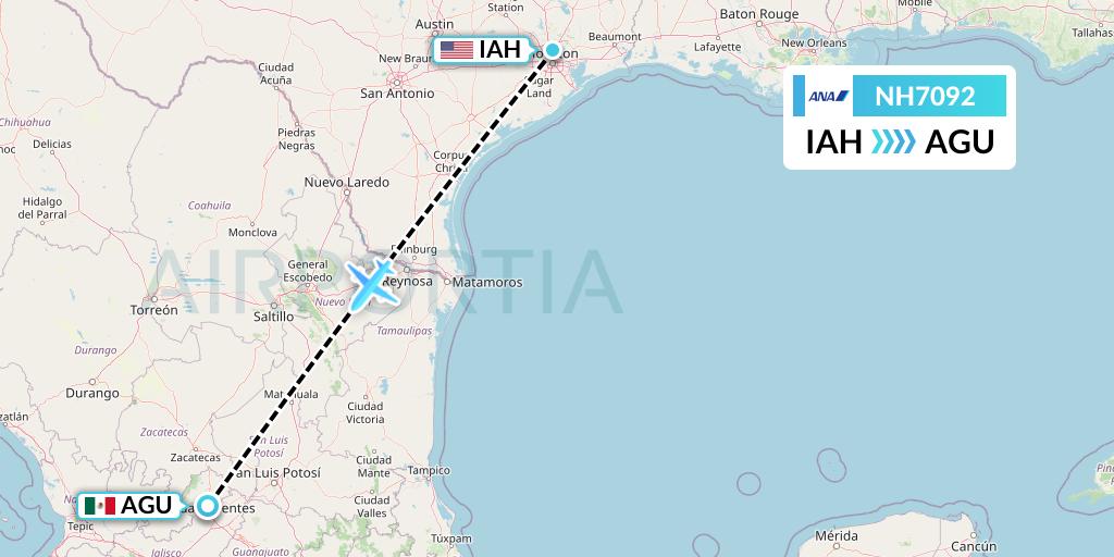 NH7092 All Nippon Airways Flight Map: Houston to Aguascalientes