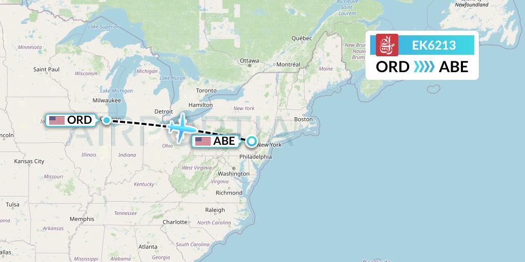 EK6213 Emirates Flight Map: Chicago to Allentown