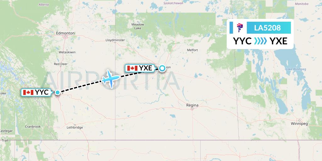 LA5208 LAN Airlines Flight Map: Calgary to Saskatoon