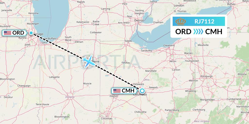 RJ7112 Royal Jordanian Flight Map: Chicago to Columbus