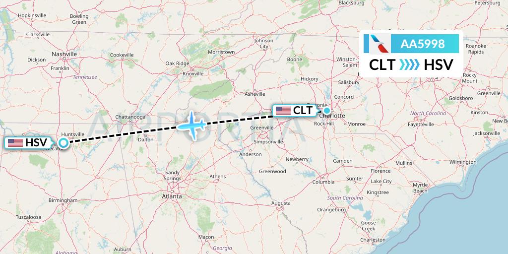 AA5998 American Airlines Flight Map: Charlotte to Huntsville