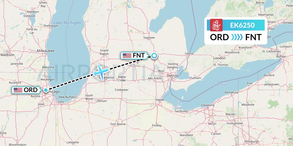 EK6250 Emirates Flight Map: Chicago to Flint