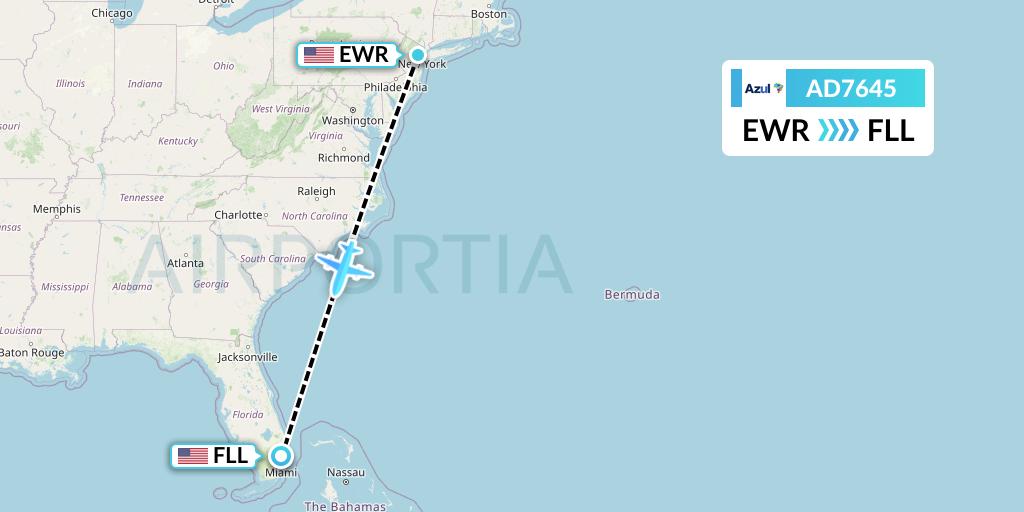 AD7645 Azul Brazilian Airlines Flight Map: New York to Fort Lauderdale