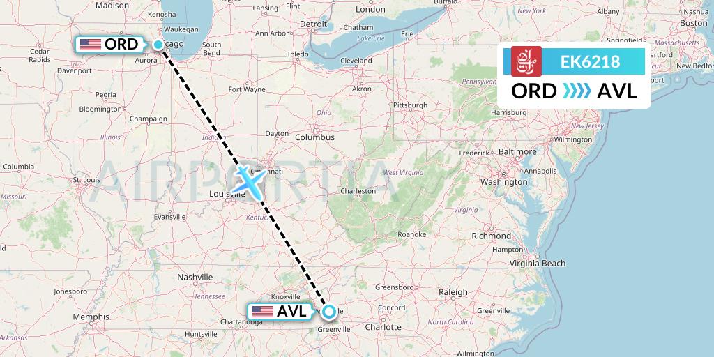 EK6218 Emirates Flight Map: Chicago to Asheville