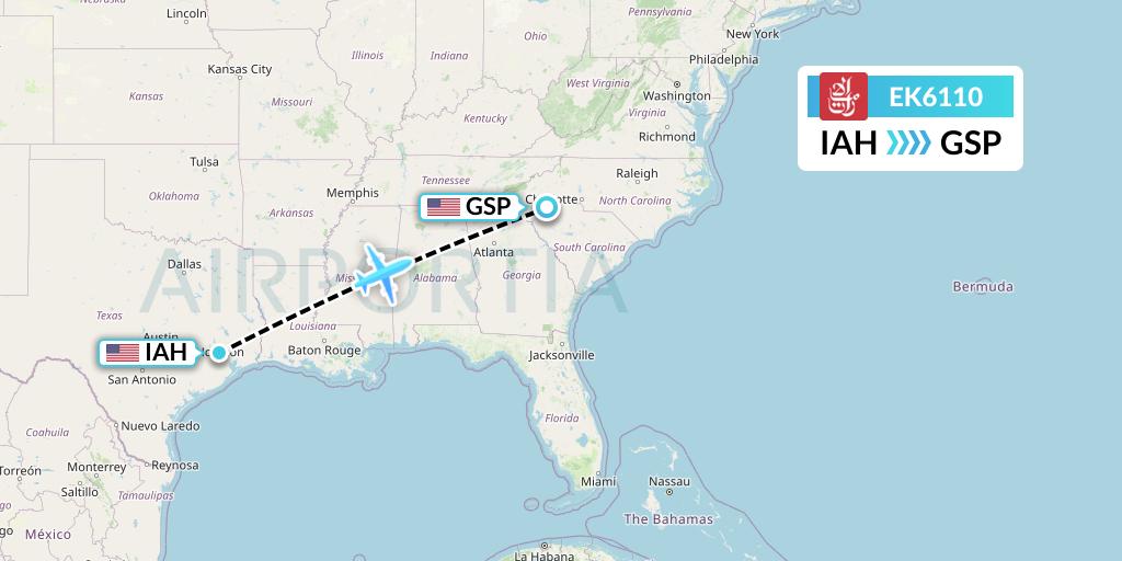 EK6110 Emirates Flight Map: Houston to Greenville-Spartanburg