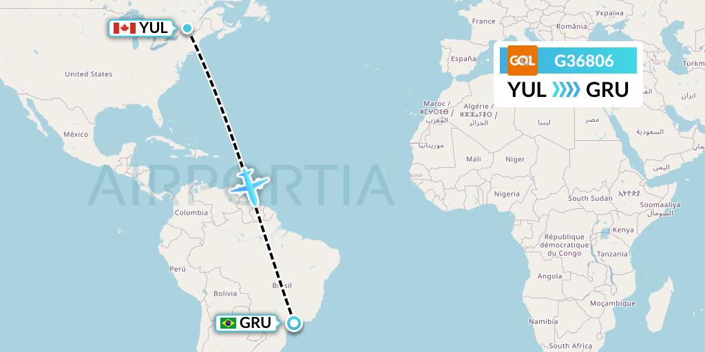 G36806 GOL Transportes Aeros Flight Map: Montreal to Sao Paulo