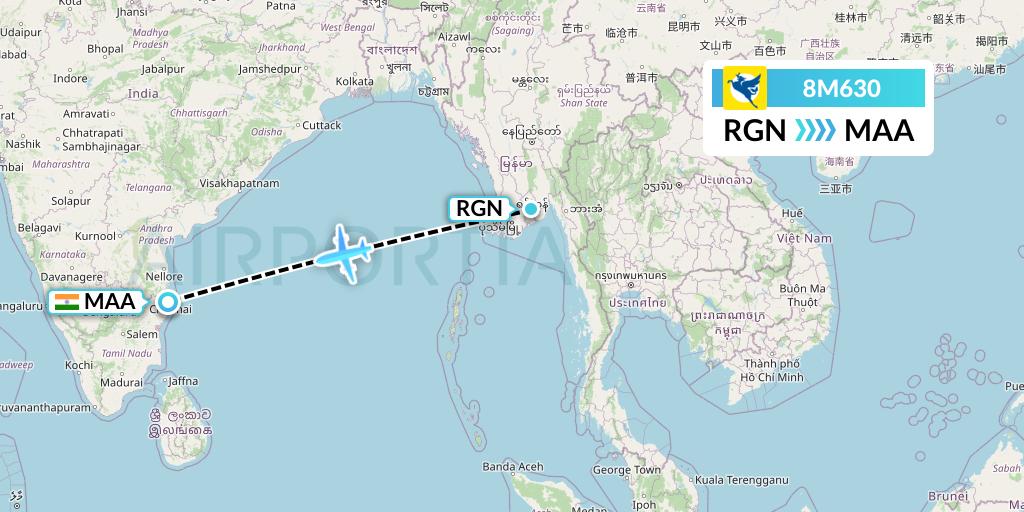 8M630 Myanmar Airways International Flight Map: Yangon to Chennai