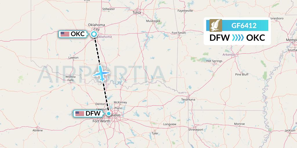 GF6412 Gulf Air Flight Map: Dallas to Oklahoma City