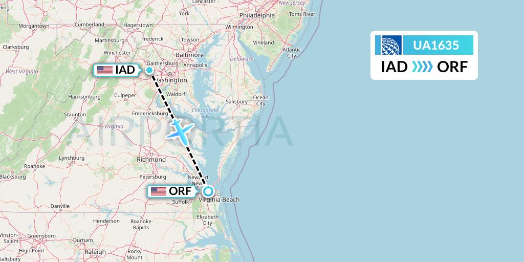 UA1635 United Airlines Flight Map: Washington to Norfolk