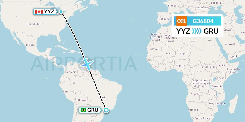 G36804 GOL Transportes Aeros Flight Map: Toronto to Sao Paulo
