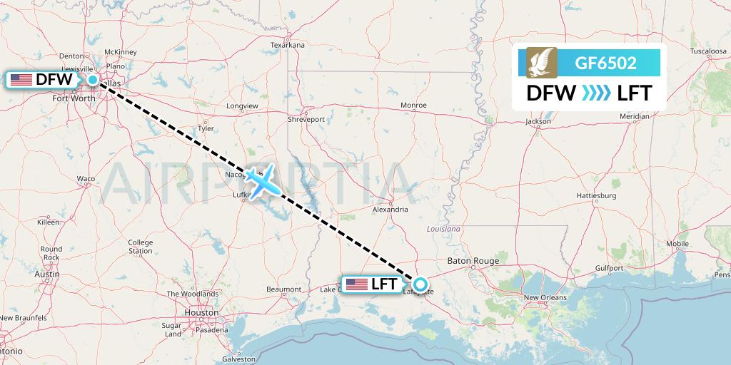 GF6502 Gulf Air Flight Map: Dallas to Lafayette